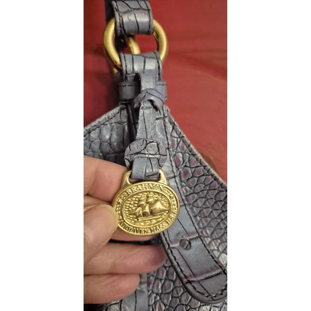 Brahmin Jacqueline Large Hobo Periwinkle Blue Melbourne Croc Leather Bag EUC